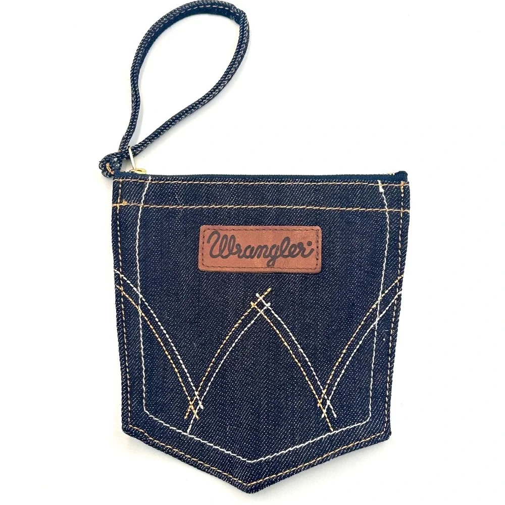Wrangler Denim Pocket Wristlet Pouch Dark Wash Cotton Blue Western Americana